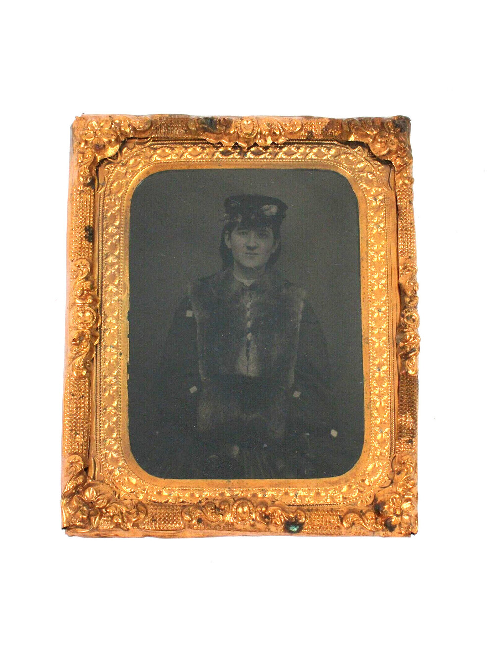 Tintype Photo Young Lady Woman Winter Fur Muff Hat US Stamp #R13c Antique 1860s